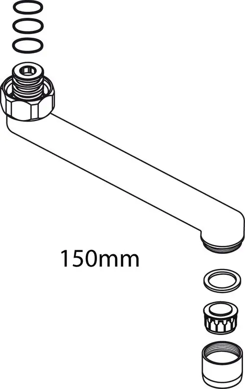 Rohrauslauf von Ideal Standard mit Anschlussgewinde und Dichtungen, dargestellt in einer technischen Skizze.